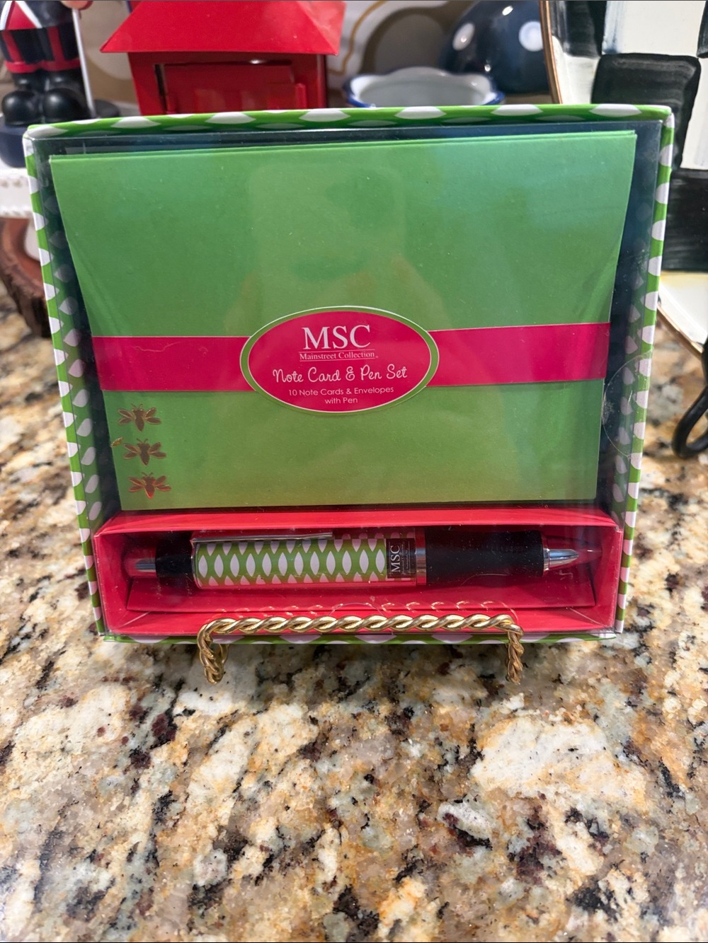 MSC Note Card & Pen Set in Green with Gold Bees and White Envelopes.🐝